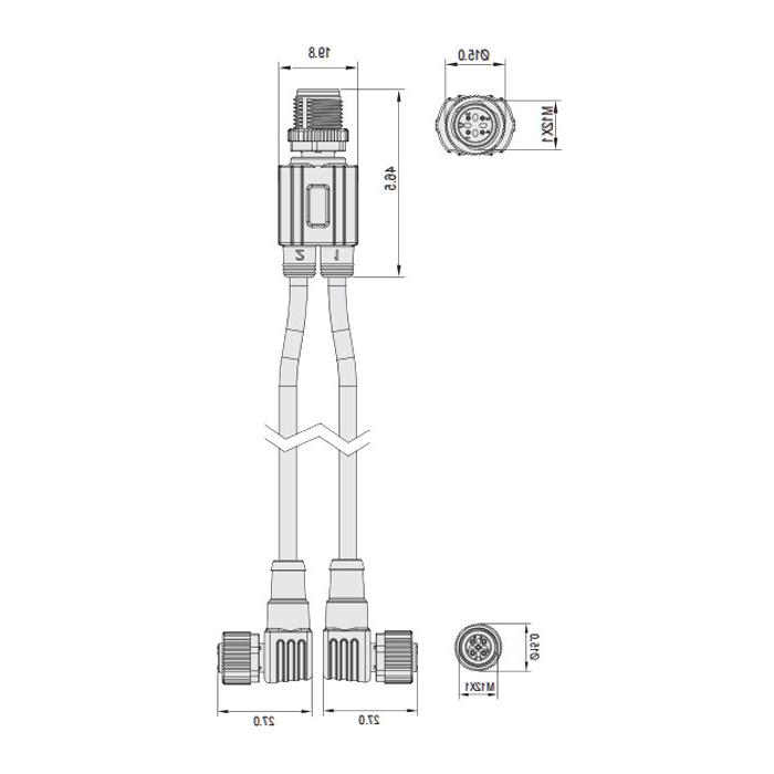 M12 4Pin Male /2M12 3Pin Female 90°, IP 69K-ECOLAB、食品级、Y型预铸PVC非柔性电缆、灰色护套、64E443-XXX